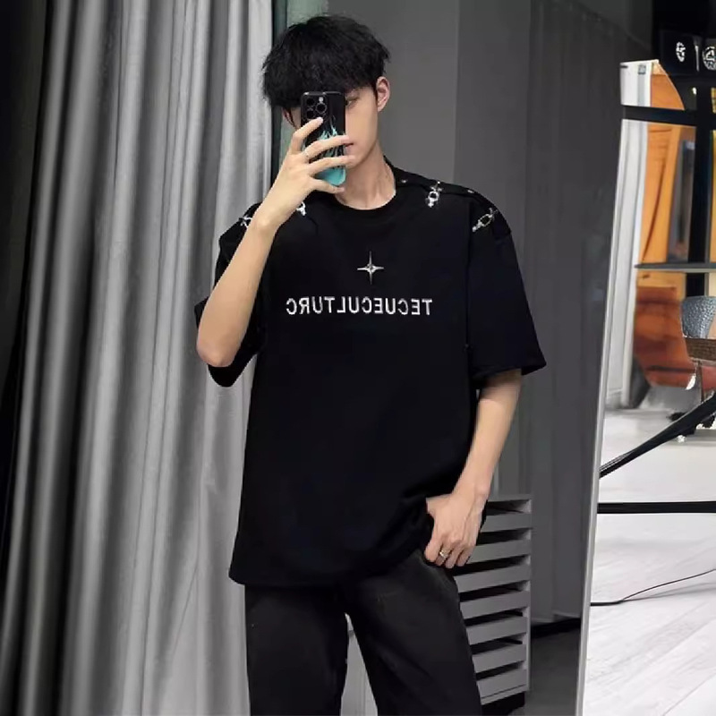 Shoulder Four-button Design T-shirt Loose Metal Shoulder Pad Printed Short-sleeved T-shirt Summer Base Shirt Top Trendy