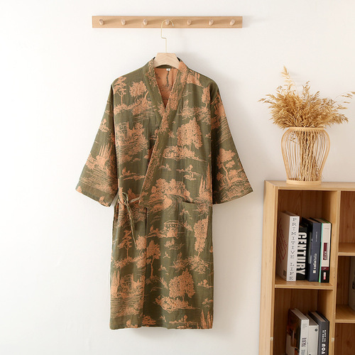 Pajamas Men's Nightgown Pure Cotton Gauze Men's Bathrobe Coat Spring Summer Autumn Kimono Cotton Long Nightgown