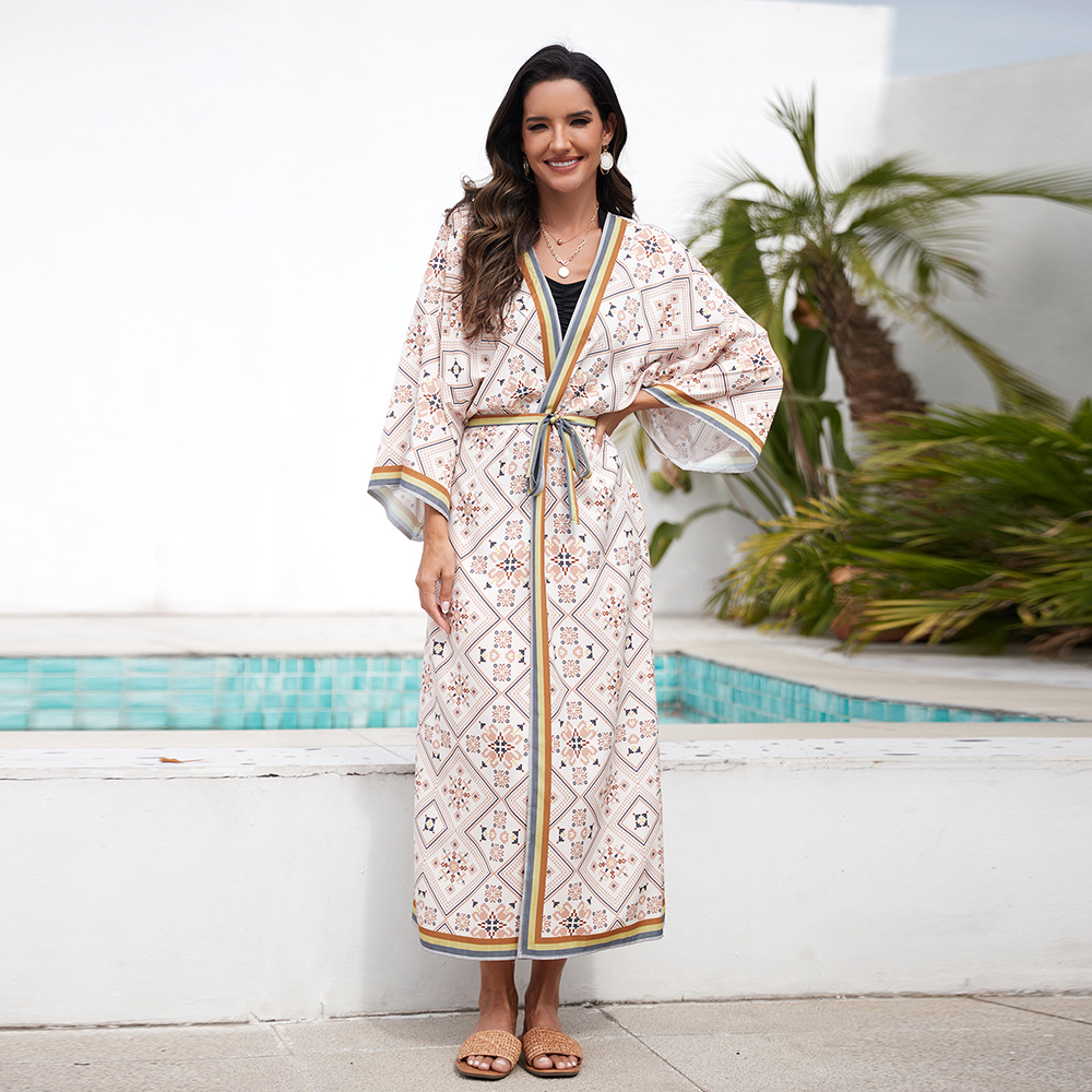 Transfronteriza europea y americana nueva chaqueta de punto de manga larga ropa para el hogar bata de baño camisón vestido de vacaciones bikini ropa de protección solar 3808