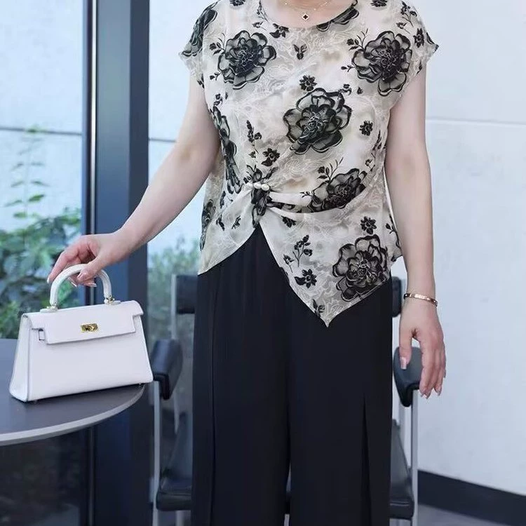 Летняя футболка с коротким рукавом для мамы 2025, новый асимметричный топ для женщин среднего и старшего возраста, омолаживающий стиль