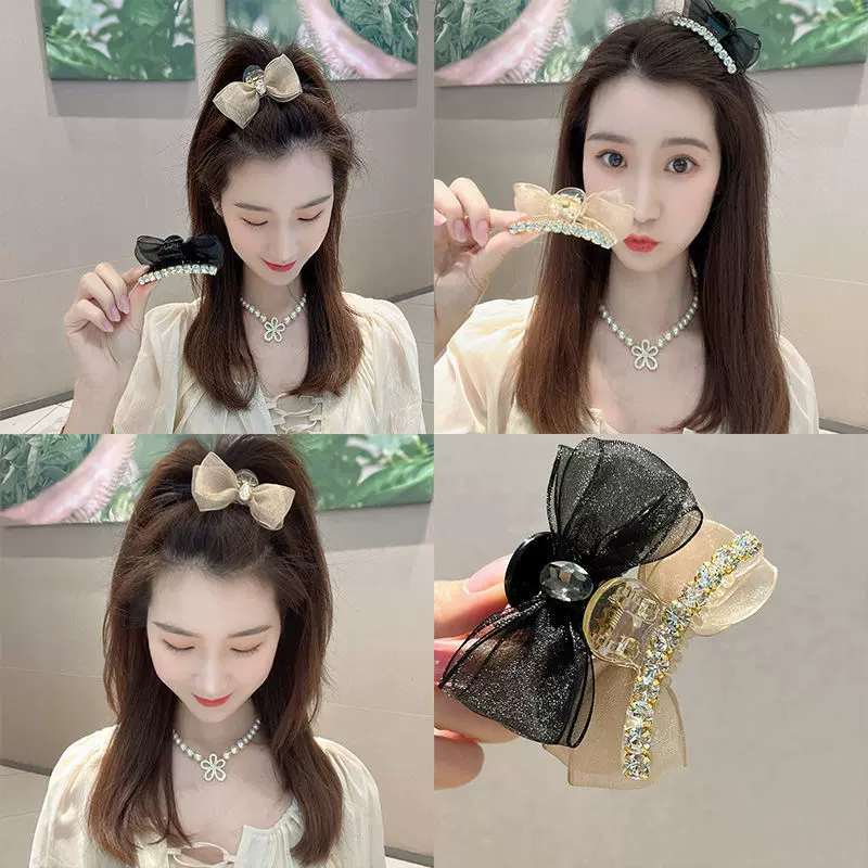 网红新款发饰韩版小清新双面蝴蝶结水钻发饰刘海碎发抓夹马尾顶夹