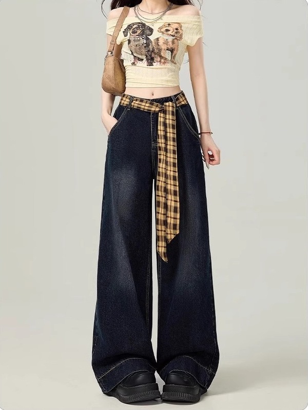 高腰阔腿牛仔裤女春秋季2025新款宽松垂感显瘦直筒牛仔阔腿裤子|undefined