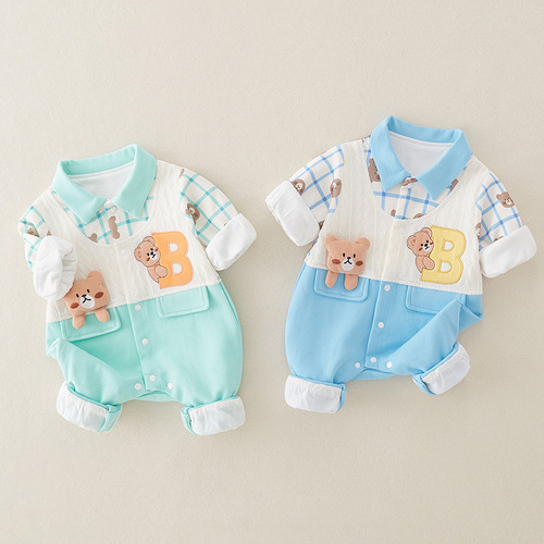 Baby Spring New Double Cartoon Onesie for Newborn Boys, Autumn/Winter Comfort Korean Style Crawling Suit