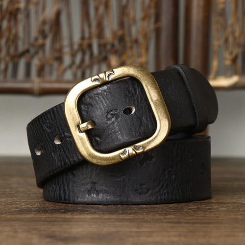 3.8CM wide new style Korean version personalized machine embossed vegetable tanned belt men's genuine leather pure cowhide pin buckle belt men's style