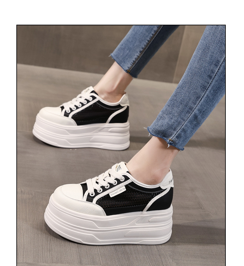 Giày sneaker nữ đế dày tăng chiều cao, mặt lưới thoáng khí, phong cách bánh xốp — Màu đen chi tiết 15