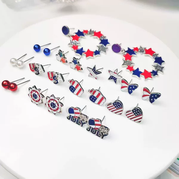 American Independence Day Earring Set, Steel Needle Earring Combination, Eco-Friendly Material, Five-Star Cross Earrings, Direct from the Manufacturer