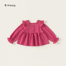 宥宝童装新款秋装娃娃衫女宝宝上衣格纹方领衣服儿童长袖女童衬衫