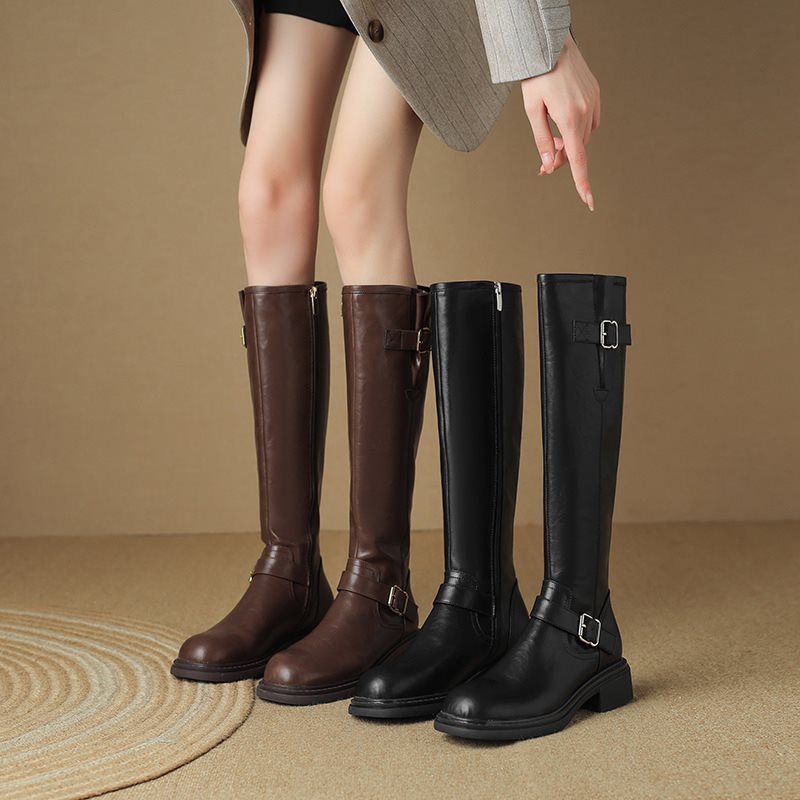 Brown Knee-High Boots with Leather Buckle, Slimming, 2025 Plush, Autumn and Winter, Round-Toe, Women's High Boots, New Style