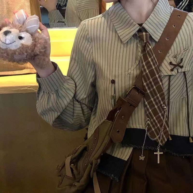 春秋美拉德新款美式复古纽扣设计感小众条纹长袖学院衬衫上衣短款|undefined