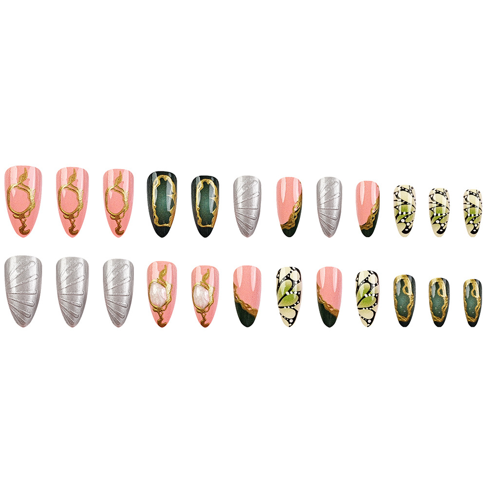 Transfronterizos estereoscopicos LIP dorado para usar uñas de almendras retrógradas sensación artística de belleza de uñas 24 piezas de parche de uñas falsas