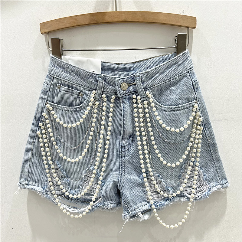 Pantalones Cortos de Mezclilla Anchos con Cadena de Cuentas y Diamantes de Cintura Alta