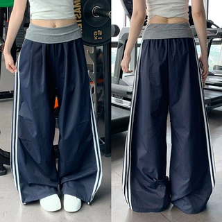 夏季薄款美式条纹运动长裤女2026新款小个子宽松百搭速干阔腿长裤