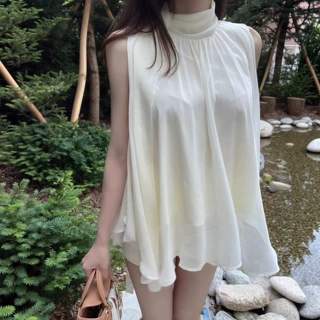 韩国东大门新品 换乘恋爱4 贤智同款收腰气质无袖雪纺上衣女