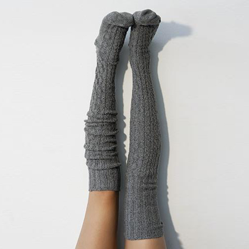Autumn And Winter Fashion Twisted Solid Color Stockings Knitted Over The Knee Pile Socks For Women_maomaolike.com
