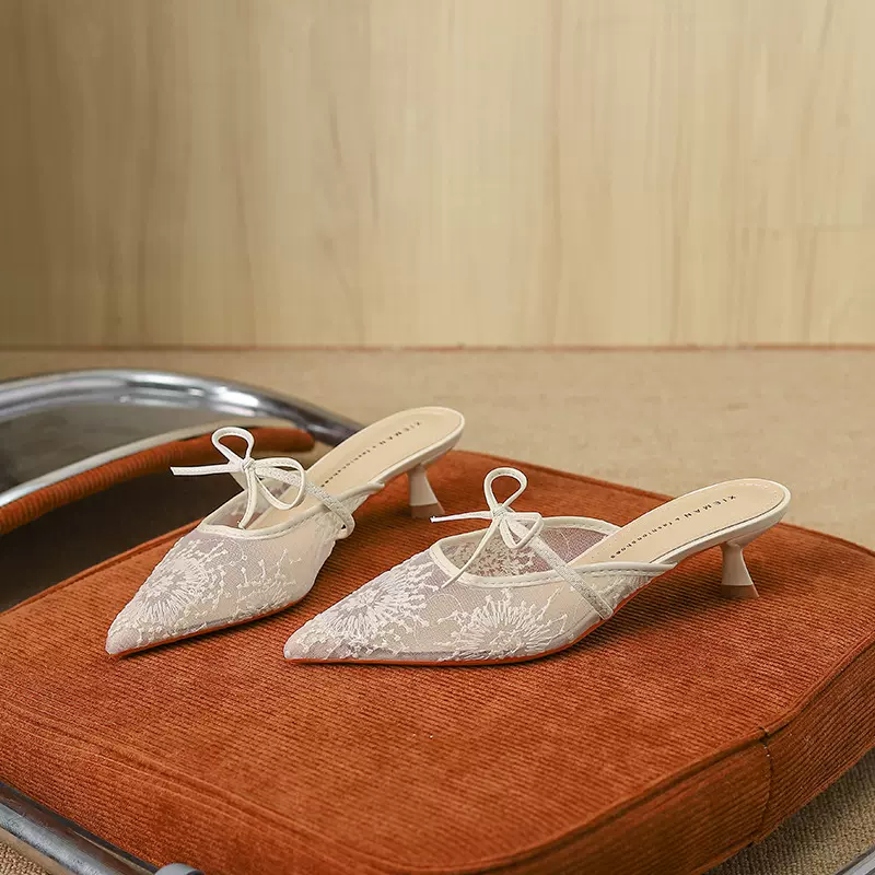 T553秋季新款法式包头后空纯色刺绣网纱细跟高跟蝴蝶结女款拖鞋