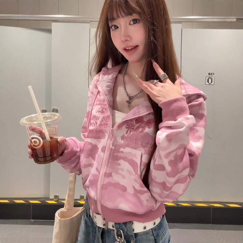 Beautiful Pink Camouflage Hooded Sweatshirt for Women Spring & Fall 2025 New American Retro Loose Casual Short Jacket