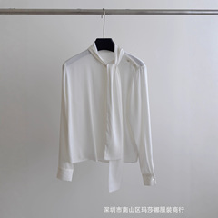 25春夏新桑蚕丝V领系带衬衫领部飘带套头式衬衣优雅精致女上衣