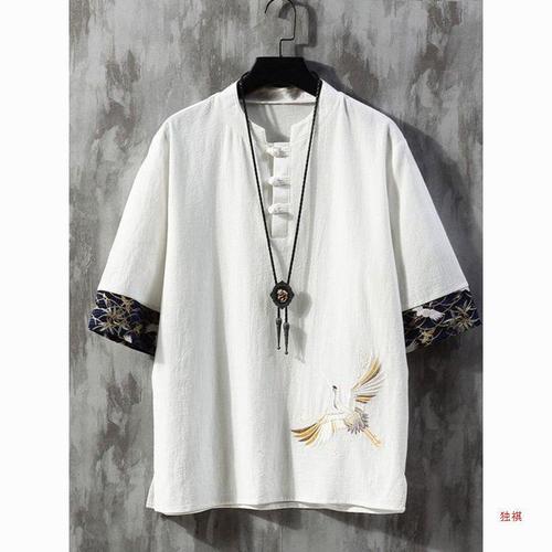 Embroidered flax short-sleeve t-shirt for men, summer thin loose trendy brand large size Tang suit Chinese style cotton linen button-down t-shirt