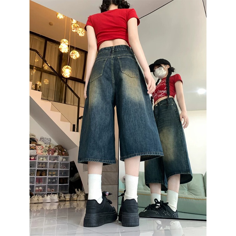 American High Street Retro Wide-Leg Cropped Denim Shorts for Women, Summer High-Waisted Plus-Size Slimming Loose Straight Shorts