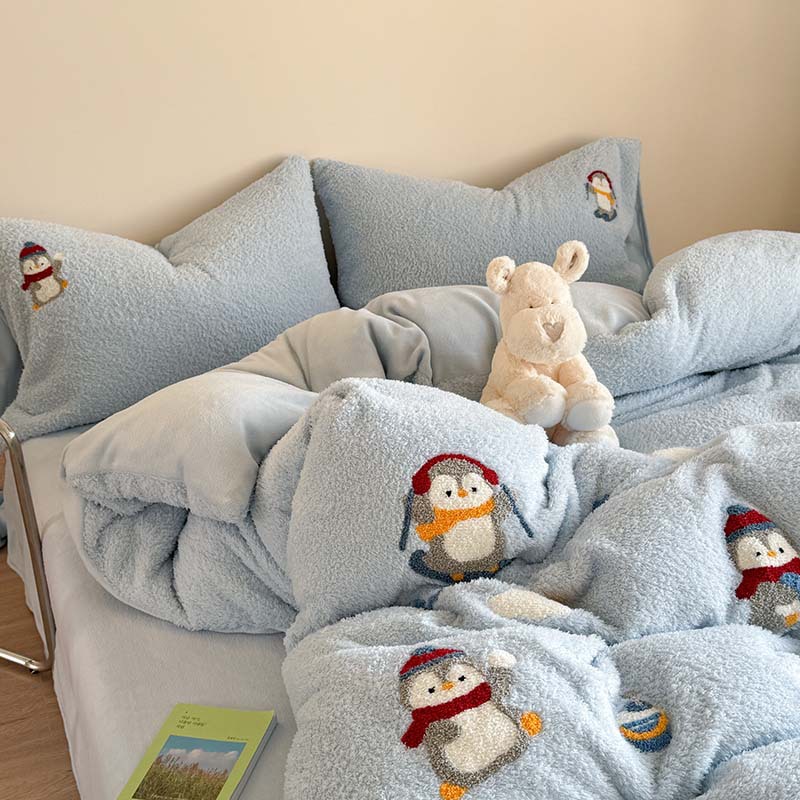 ins cartoon extra thick teddy plush towel embroidery embroidery four-piece set 1.5 m1.8 milk fiber autumn and winter thermal bed sheet