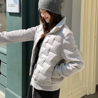 森岛秋冬摇粒绒羽绒服女2024新款弹力纯色保暖开衫白鸭绒百搭外套