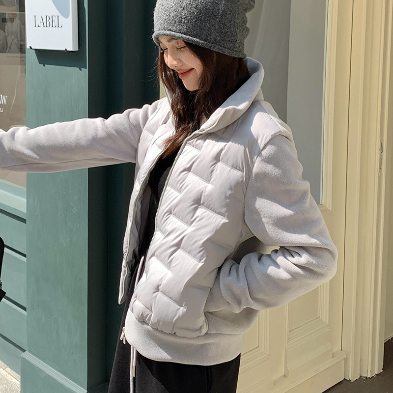 Morishima autumn and winter polar fleece down jacket women's 2024 new elastic solid color warm cardigan white duck down versatile coat