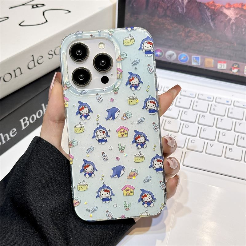 フルスクリーンサメヘッドギアキティチェーン iPhone16 Apple 15ProMax/14 携帯電話ケース 13 女の子に適しています|undefined