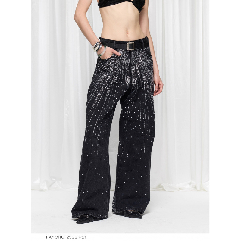 Zhang Jie's Same Style Faychui Scattered Diamond Wide-Leg Pants with Baby's Breath Rhinestones American Fashion Jeans Zhang Jie's Same Style Faychui Scattered Diamond Wide-Leg Pants with Baby's Breath Rhinestones American Fashion Jeans