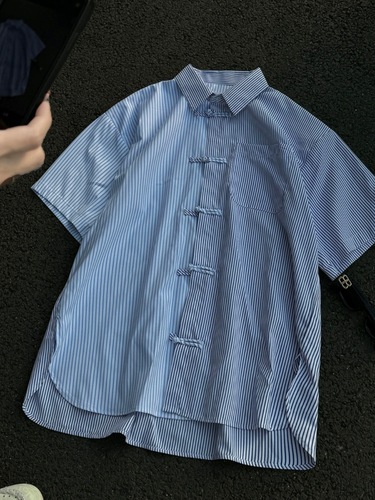 Striped Short-Sleeve Shirt for Men - Summer American Retro INS Trend Brand Loose Five-Sleeve Collar Shirt