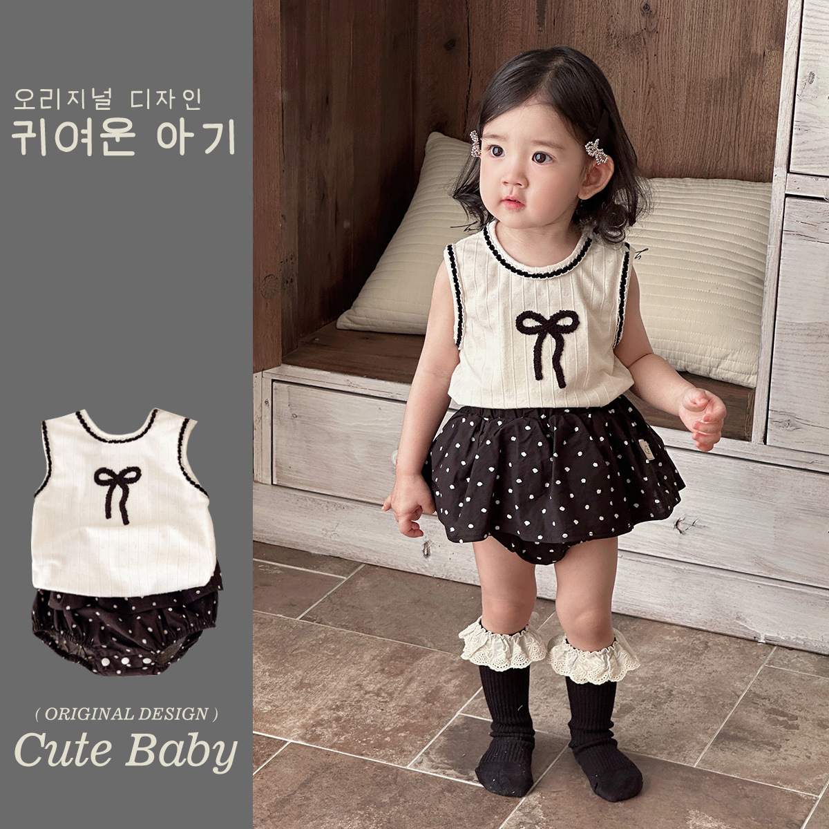 Ropa de verano para bebés y niños pequeños, blusa sin mangas con lazo dulce para bebés, pantalones cortos de pedo con lunares, traje de dos piezas