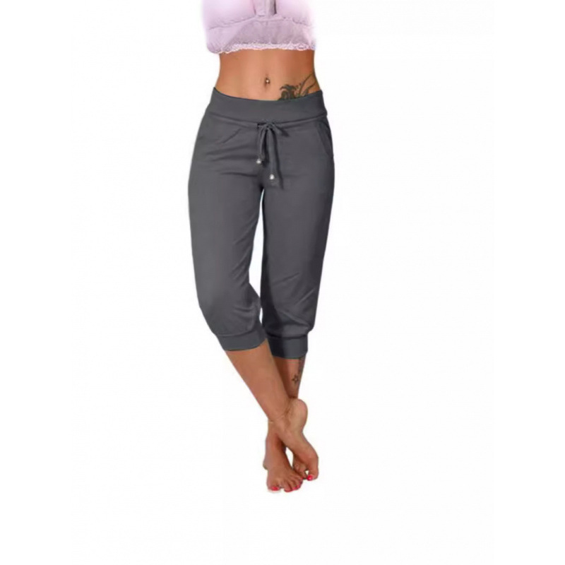 Cross-Border Foreign Trade Women's Knitted Cropped Casual Tight Elastic Waist Drawstring Pocket Sweatpants Casual Pants