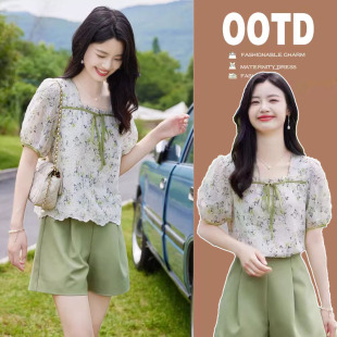 Lactation suit 2024 Fashion Retro Square Collar Shirt suit Loose Elegant Slimming Shorts Stylish Two-Piece Set