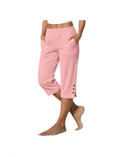 Women's Cotton-Linen Khaki Pants, Split Hem Mini Bermuda Casual Shorts, Cropped Pants, Elastic Waistband