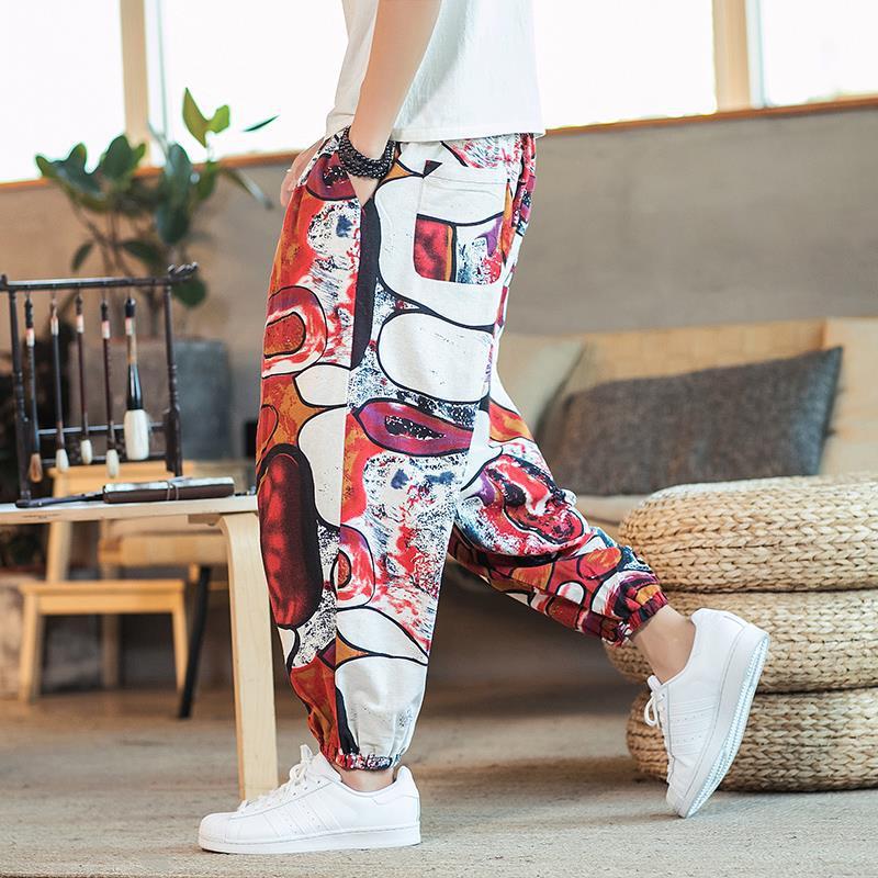 Verano estilo chino jaulas para hombres pantalones harem sueltos pantalones anchos estampados de algodón y lino de gran tamaño pantalones recortados hombres