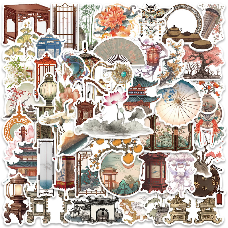 50 pieces of Chinese ancient cultural relics art hand account stickers luggage laptop waterproof DIY stickers
