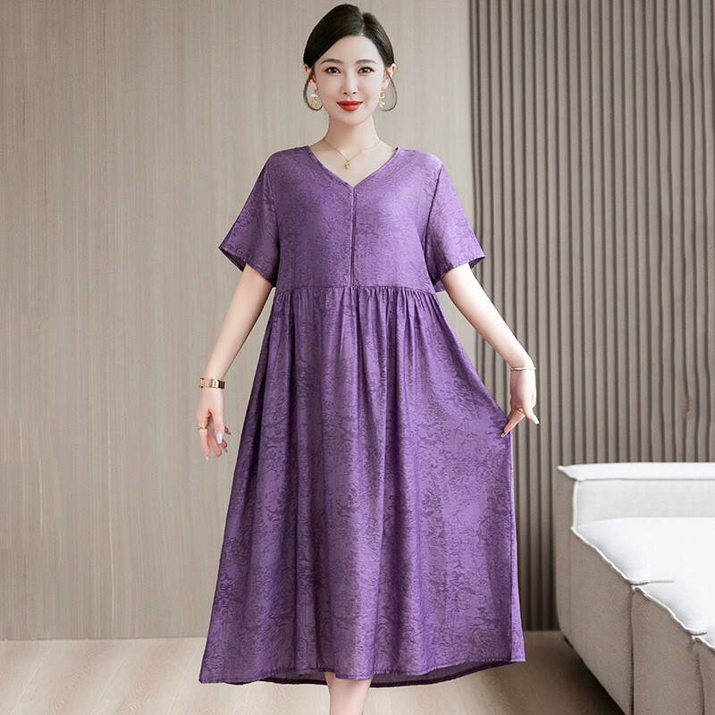 Elegant Mom Style 2026 New Model High-End Tencel Cotton Jacquard Dress Stylish Slimming Summer V-Neck Dress