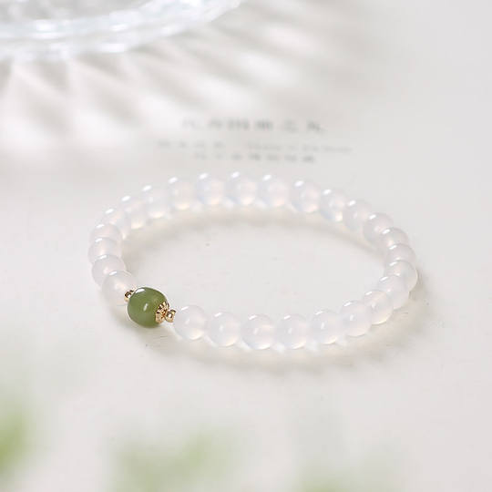 Original natural white agate with clear water Hetian jade bracelet single ring female girlfriends fashion all-match round bead jewelry