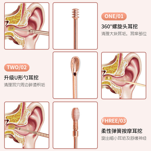 Stainless steel double-headed spiral ear pick 6-piece set portable ear pick stick ear pick