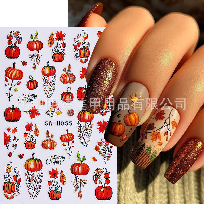 跨境新款秋季美甲贴纸 ins风枫叶闪金烫金秋天南瓜落叶背胶指甲贴|undefined