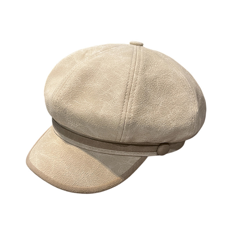 2024 nuevo sombrero octogonal de cuero PU mujeres otoño invierno color coincidente sombrero de lengua de pato hombre calle casual cara gorra de periódico pequeño