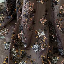 轻奢风亮片珠管绣花布欧根纱底布大花图案女装连衣裙礼服重工面料