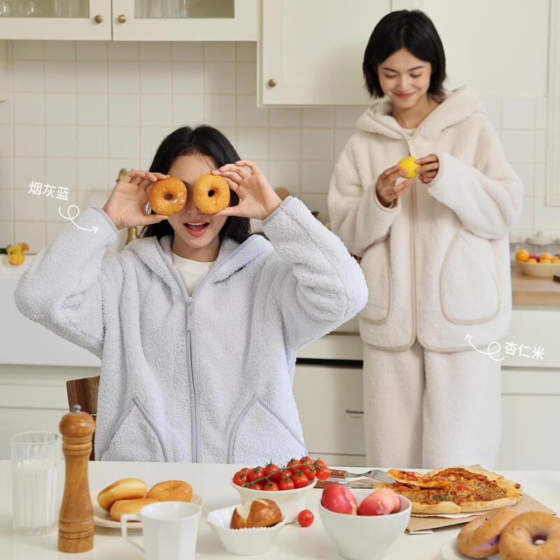2025 Autumn/Winter New Women's Teddy Fleece Hooded Pajama Set Loungewear Can Be Worn Outside Casual Warm Thickened Pajamas
