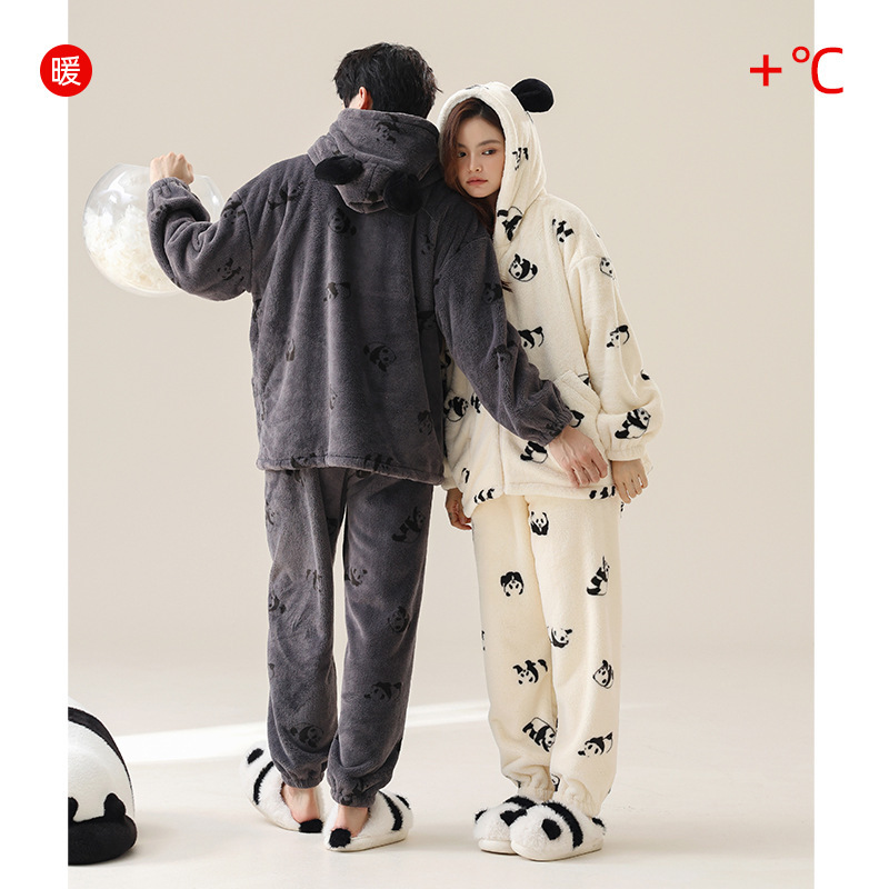 [warm imperial concubine velvet] autumn and winter couple pajamas women's coral velvet panda cartoon warm home clothes suit