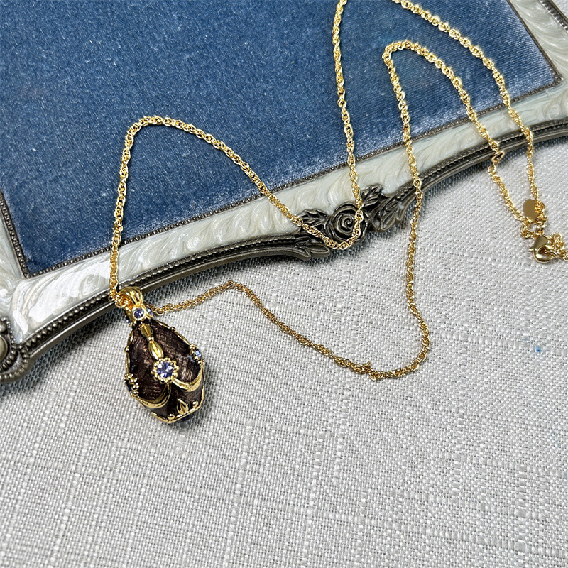 Vintage Medium Hand-Painted Enamel Noble Purple Color Diamond Brushed Russian Easter Egg Necklace_voghion.com