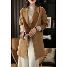 秋冬新女士纯羊毛双面尼大衣带兜中长款落肩袖大码纯手工韩版百搭