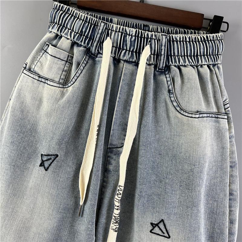 Men's Jeans Embroidery Trendy Pockets Personalized Elastic Waist Versatile Harlan Casual Pants_voghion.com