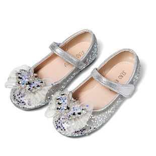 2024 Spring and Autumn New Girls Sequin Princess Shoes Little Girls Dance Performance Crystal Shoes Children's Bow Shoes