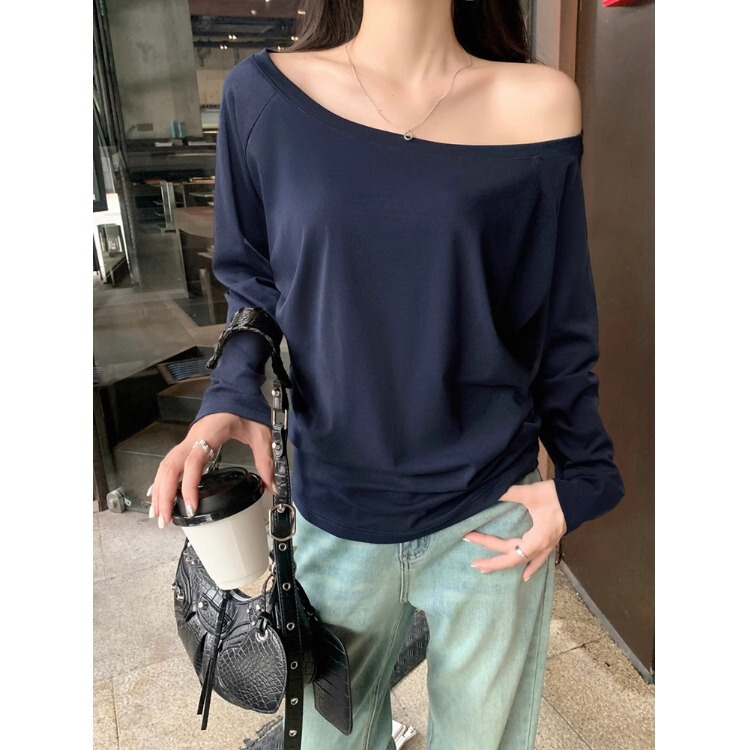 One-Shoulder Long-Sleeve T-Shirt for Women 2025 New Autumn Sexy Off-Shoulder Loose Pure Desire Style Slanted Shoulder Student Top for Women
