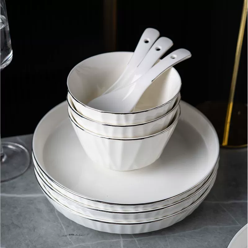 Platinum ceramic tableware set, light‑luxury design, platinum rim, multiple piece options