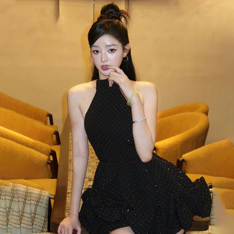 Autumn Elegant Sexy Slim Fit Rhinestone Halter Sleeveless A line Dress Women